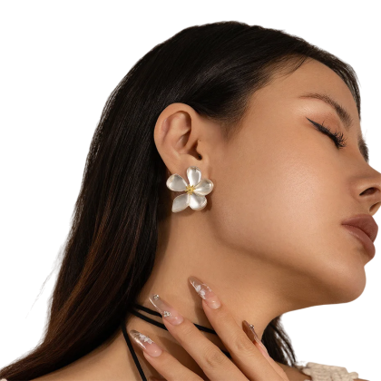 White Gold Color Matte Texture Metal Flower Retro Earrings