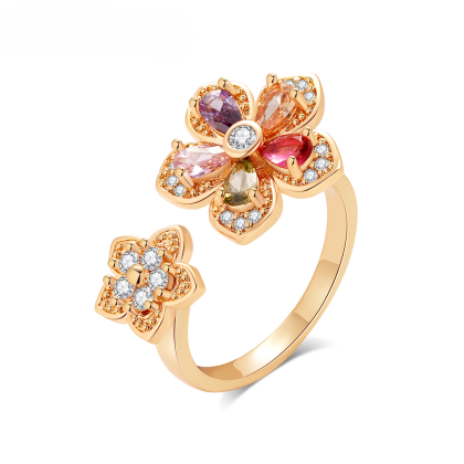 Gold Plated Fine Ring Crystal Flower Design Zircon Gemstone Copper Gold Rhodium Made Steel Brass